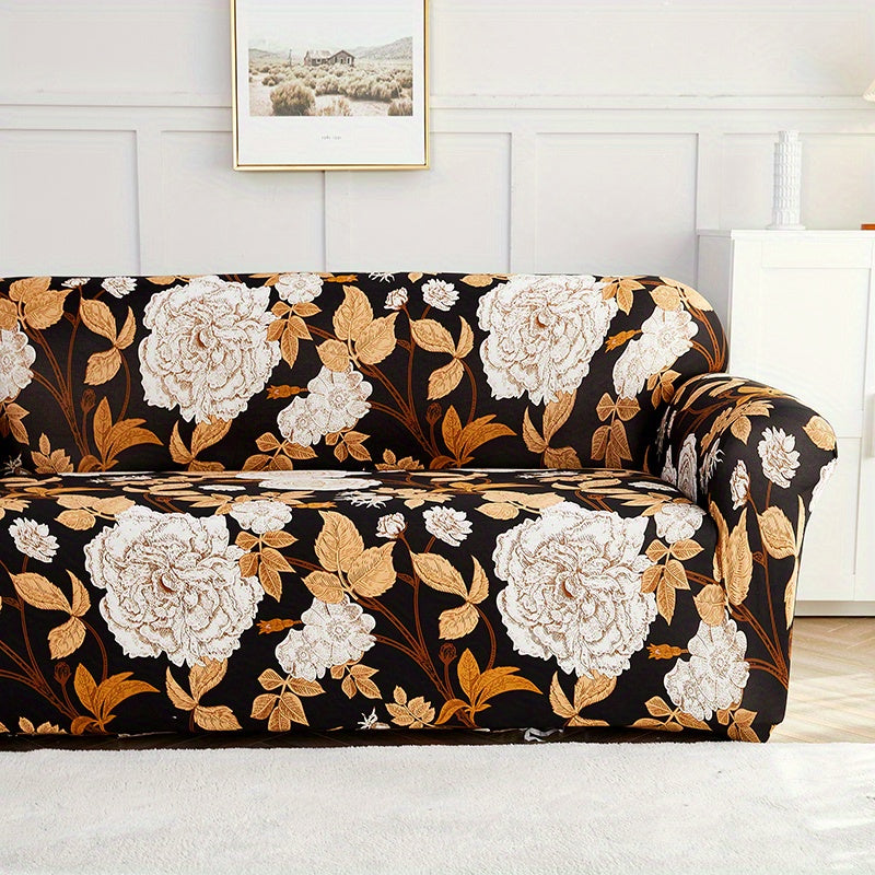 Modern printed sofa slipcover with elastic closure, made of 95% polyester and 5% spandex. Machine washable with active printing and stitched craftsmanship. Fits armchairs to sectional sofas, weighing 100-120gsm fabric.