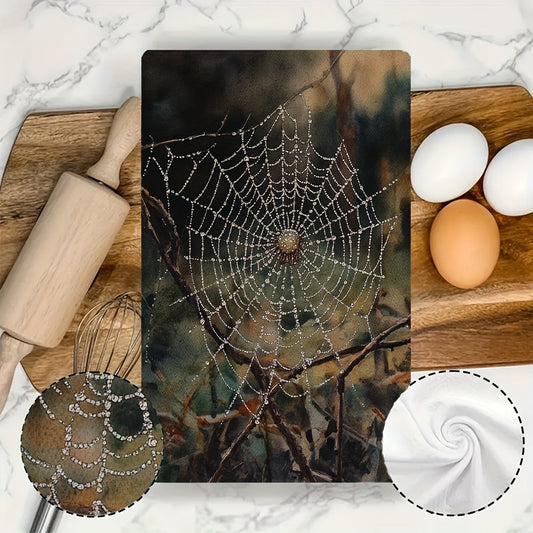 Set of 2 Ultra Plush Kitchen Towels - Beautiful Spider Web Design with Dewy Detail, Super Absorbent & Easy to Clean, Modern Style Polyester Hand Towels, 40.64x60.96 cm Perfect for Holiday Decor, Must-Have Kitchen Essentials | Stylish Kitchenware |