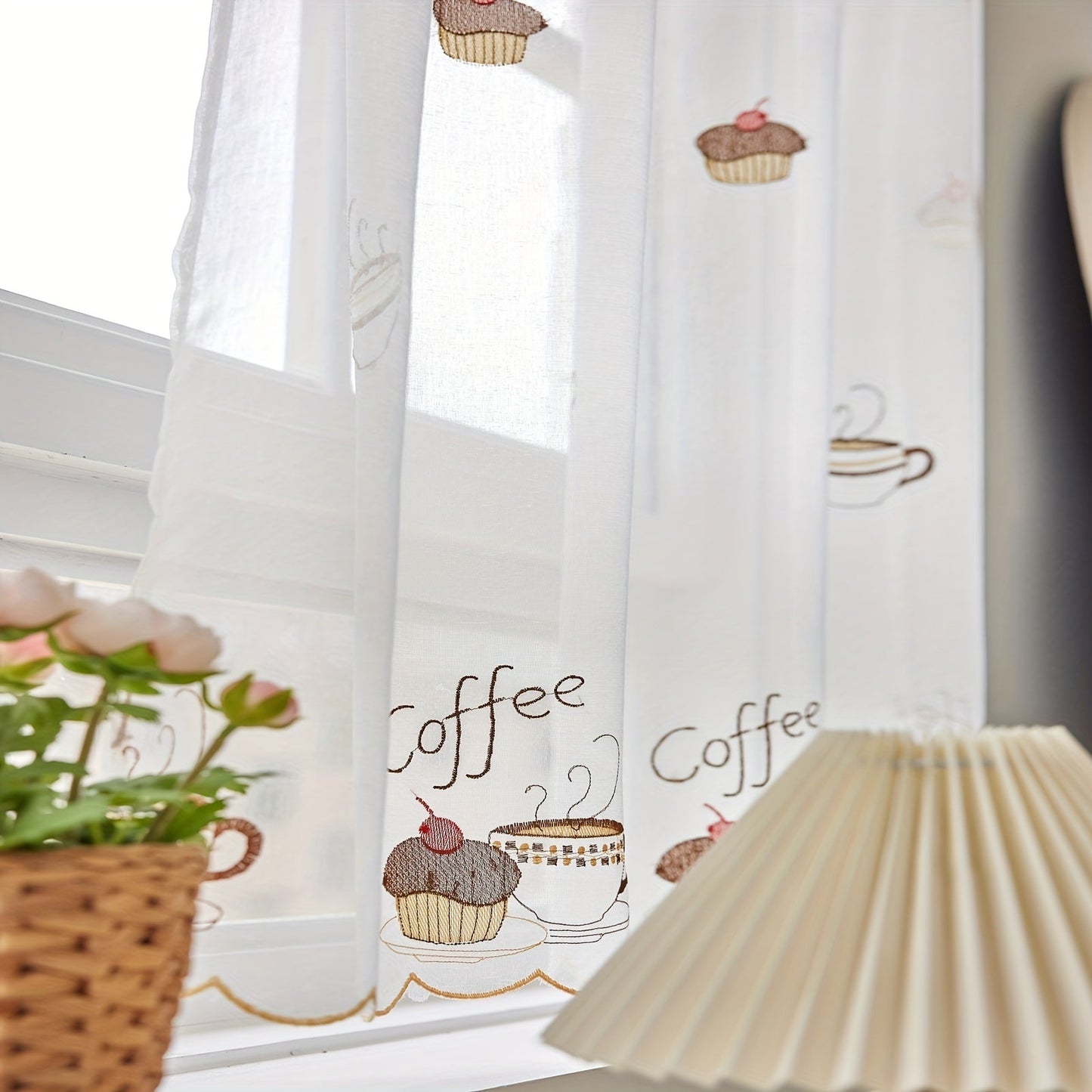 Elegant White Cafe Curtain with Delicate Embroidery - Sheer Fabric, Easy to Hang Rod Pocket for Stylish Kitchen and Living Room Decoration