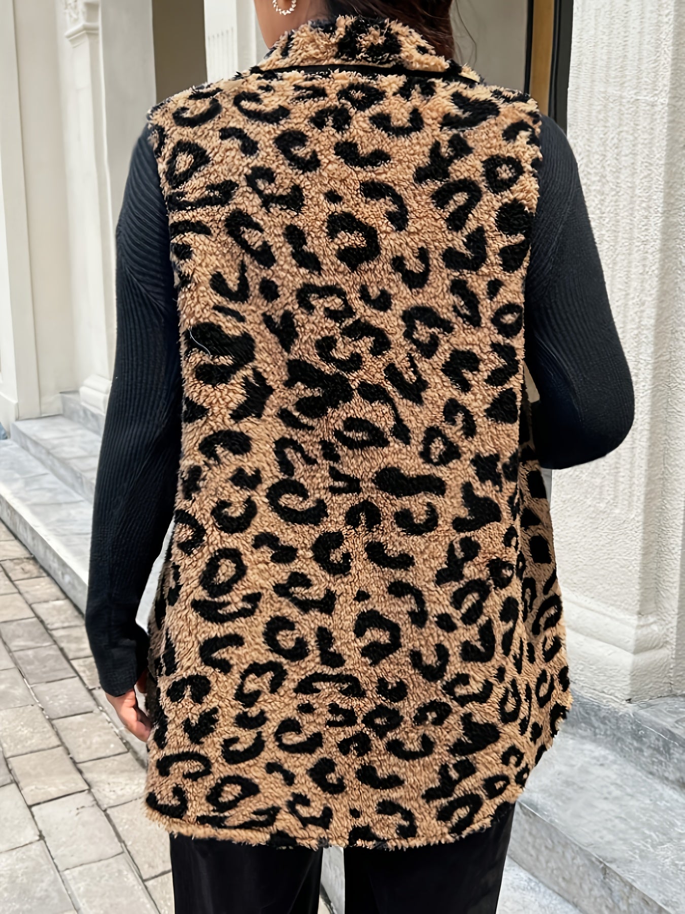 Leopard print button front teddy vest for plus size women, perfect for fall & winter