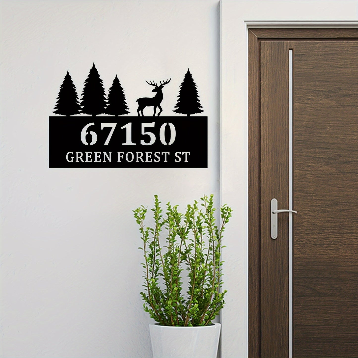 Personalized Metal House Number Sign Featuring Forest and Deer Silhouette - Waterproof Wall Art Decor for Outdoor Entryway, Durable and Stylish for Adults. Made of High-Quality Metal Materials.