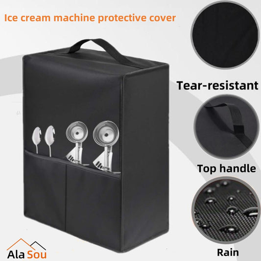 Protect your ice cream maker with the AlaSou Heavy-Duty Dust Cover. The black cover features a clear window, is waterproof and easy to clean. Compatible with various types of ice cream, it includes a handle and storage pocket for convenient kitchen and