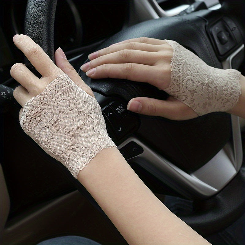 Geometric lace half finger wrist sleeves with thumb hole for summer sunscreen protection.