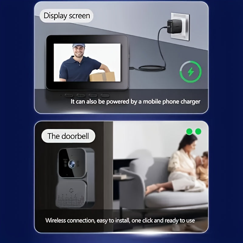 1pc Video doorbell with intercom, 10.92cm screen, infrared night vision, two-way speaking, long-lasting battery, easy connection without the need for an app.