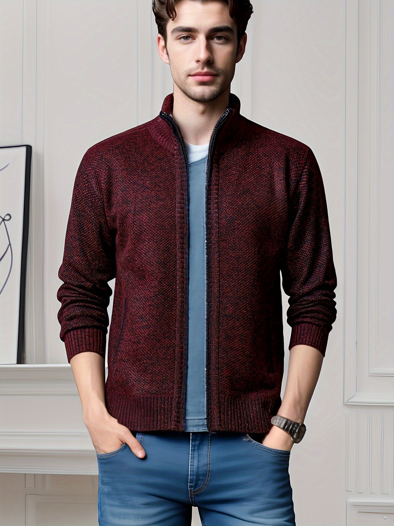 Men's Solid Fleece Cardigan with Pockets, Turtle Neck Zip Up Sweater for Outdoor Activities in Winter and Fall.