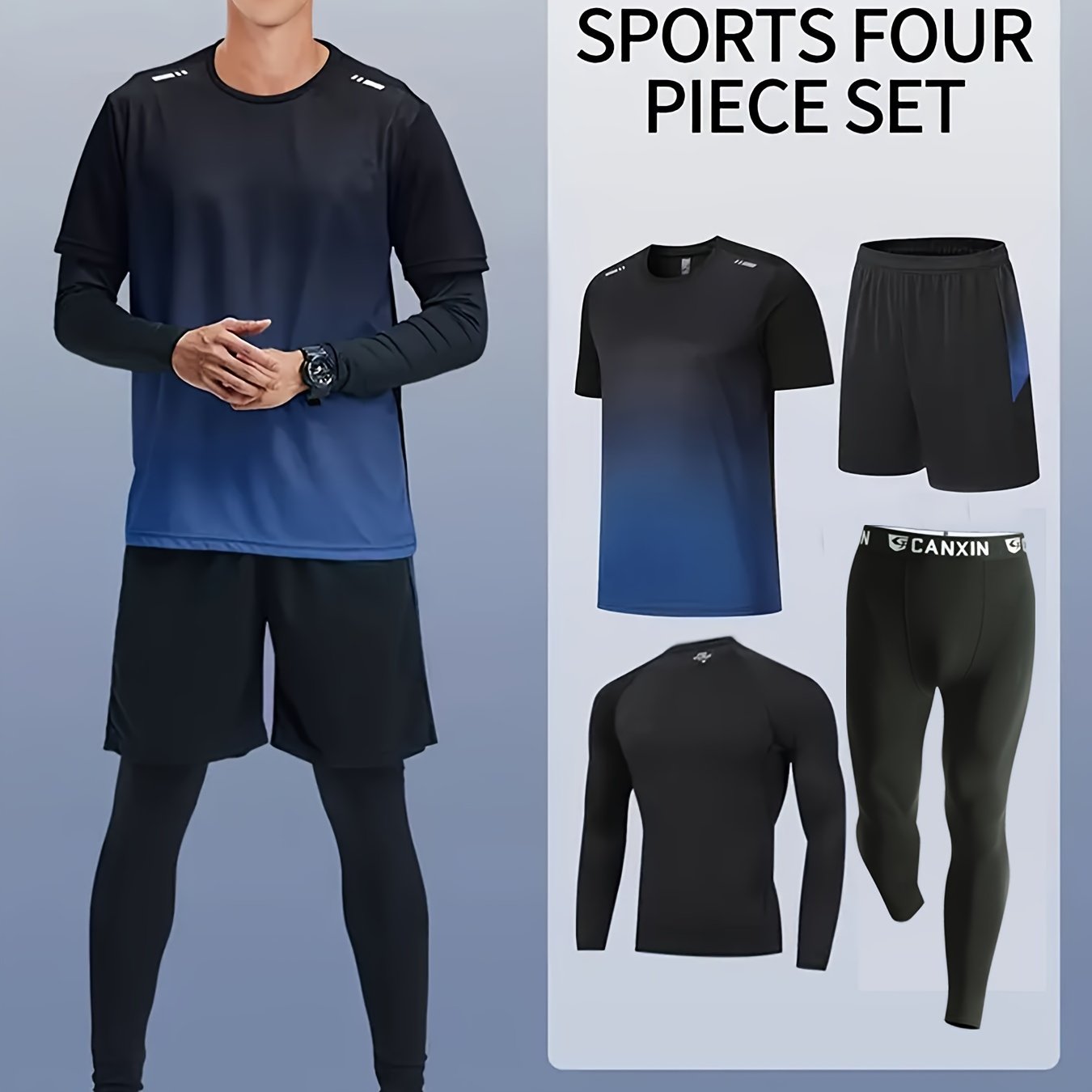 Men's Fitness Suit with loose short-sleeved shorts, quick-drying training, tight long-sleeved trousers for outdoor activities.