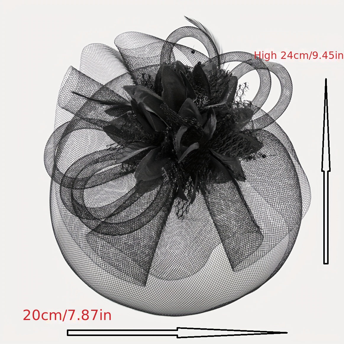 One piece of women's hair accessory featuring a mesh flower, faux feather detailing, and veil perfect for birthday parties, the Jockey Club, weddings, derby hats, and church events.