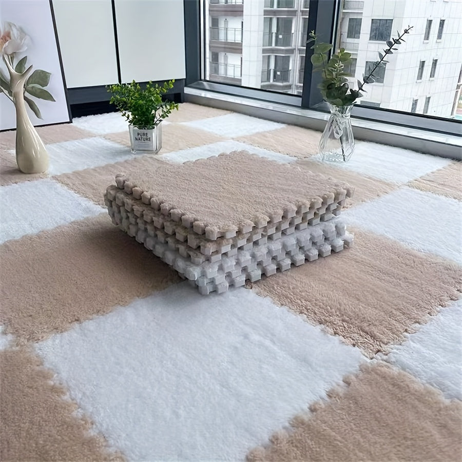 12pcs flocked carpet splicing mats in Ins style, 11.81*11.81 inches, ideal for room decoration. Anti-slip and full floor coverage.