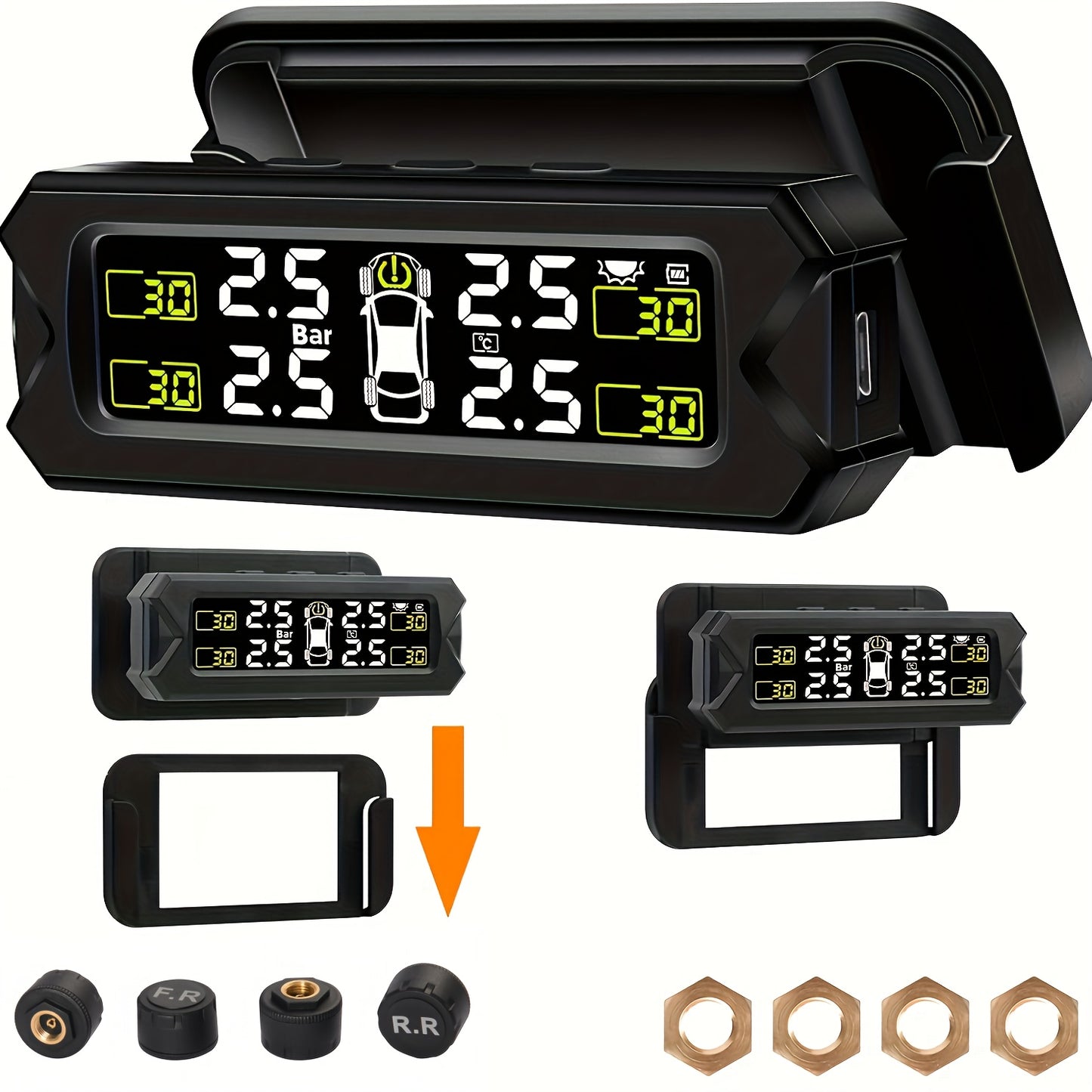 Solar-powered TPMS for accurate monitoring of wheel gas pressure, easily installed on vehicle glass.