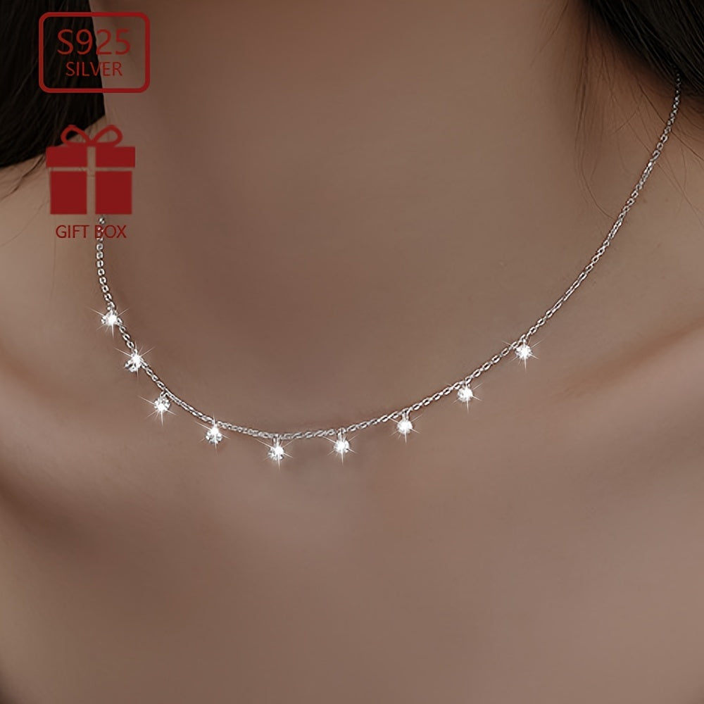 This elegant collarbone chain designed for women is crafted from 925 silver with stunning zirconia inlays. It shines beautifully and is perfect for both travel and everyday wear. Lightweight and low allergy, weighing approximately 1.7g.