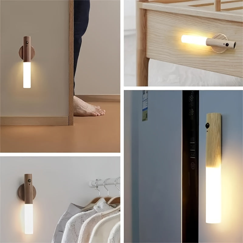 Wireless motion sensor night light with magnetic wall mount and USB rechargeable LED rod for stairs, walls, wardrobes, and hallways.