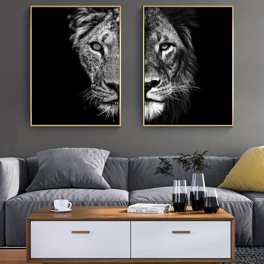 African Lion Wall Poster Set - Frameless Canvas Painting - 15.7x23.6in - Black and White Design