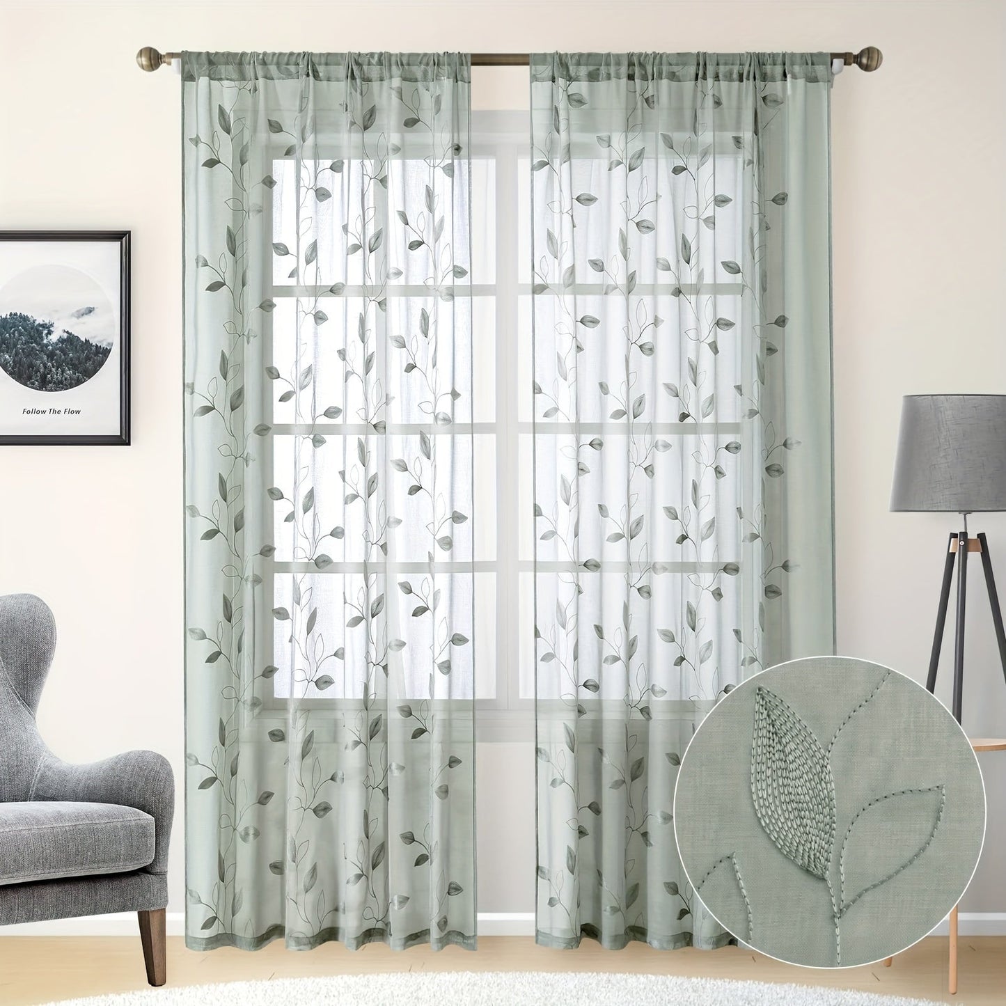 Two pieces of garden-style sheer curtains with an embroidered leaf pattern, featuring a rod pocket design. Made of polyester, these drapes are perfect for bedrooms, living rooms, and kitchens. They are machine washable and suitable for all seasons