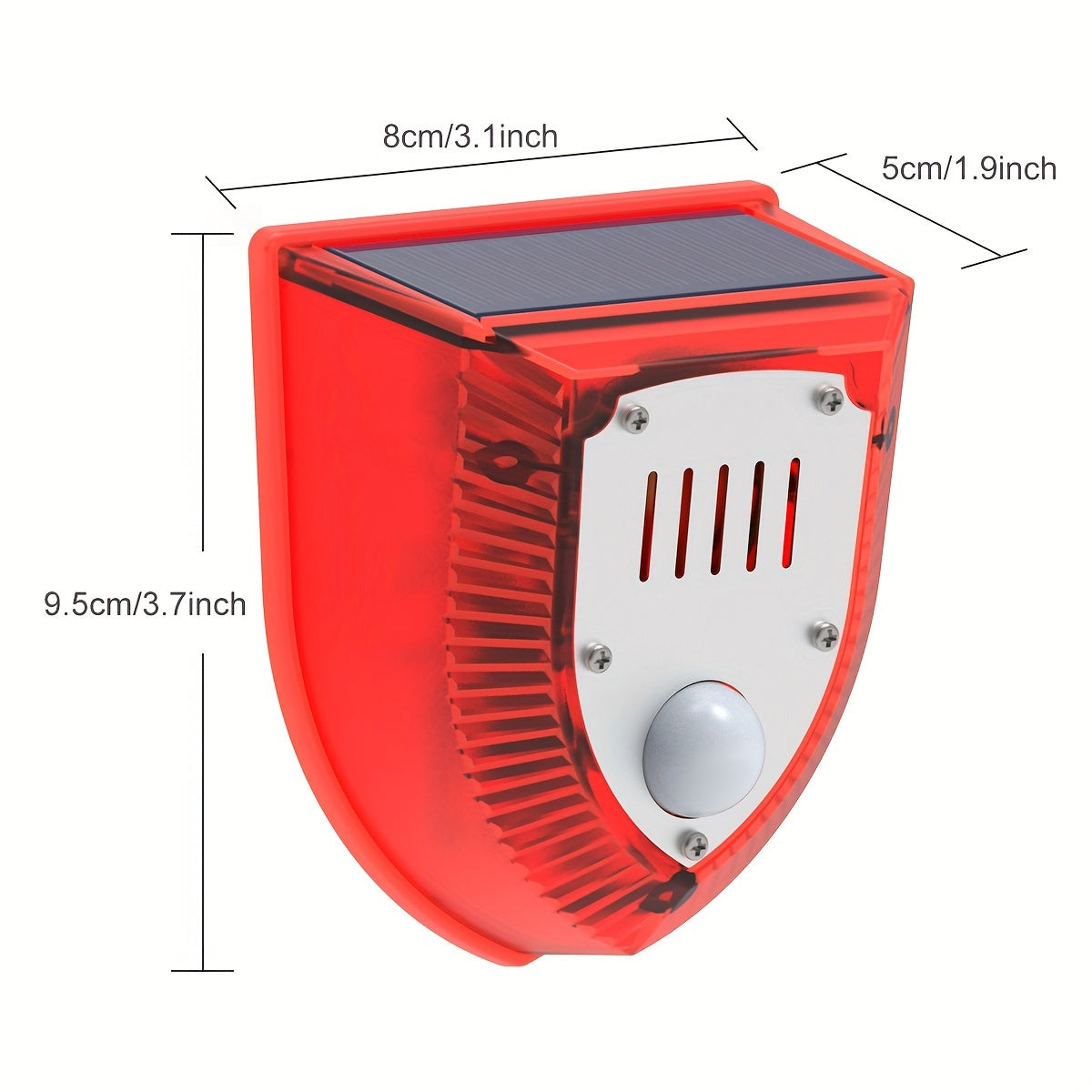 Solar-powered security alarm with motion sensor, 129dB siren, dog barking sounds, 6 red LED lights, rechargeable 400mAh battery, infrared detection for home, yard, farm, barn.