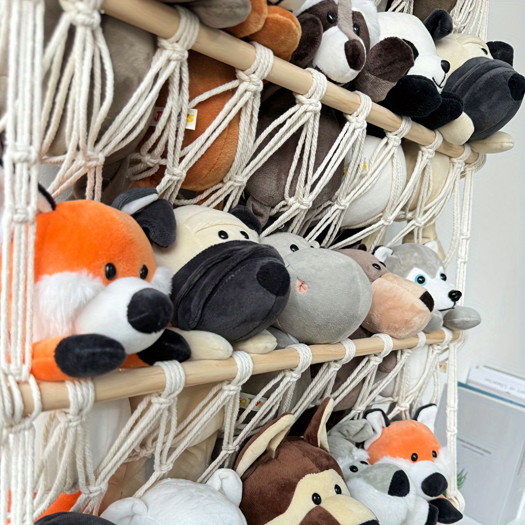 Plush animal storage solutions: net, rack, and hammock for hanging and organizing plush animals.