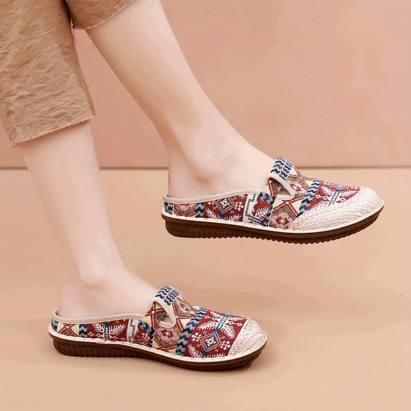 Womens Summer 2024 Fashion Tribal Style Slip-On Shoes with Breathable Fabric Upper and Faux Sole