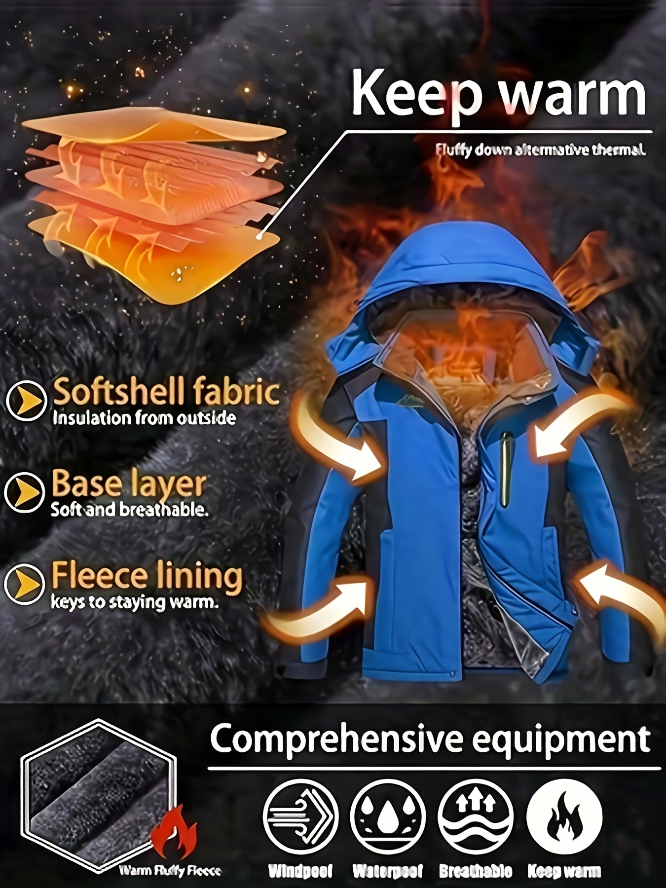 Men's winter outdoor jacket with detachable hood, warm long sleeves, multi-pocket breathable hiking raincoat made of comfortable and durable polyester fabric. Ideal for skiing, sports