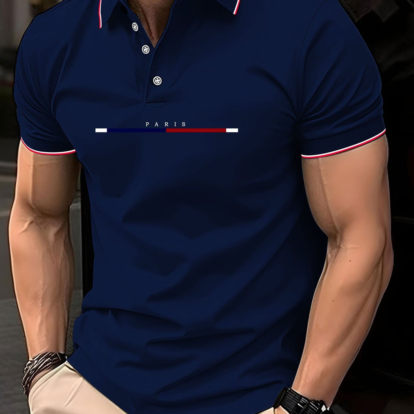 Paris letter print men's short sleeve lapel golf t-shirt, suitable for casual business and tennis. Trendy and comfortable top for outdoor sports.