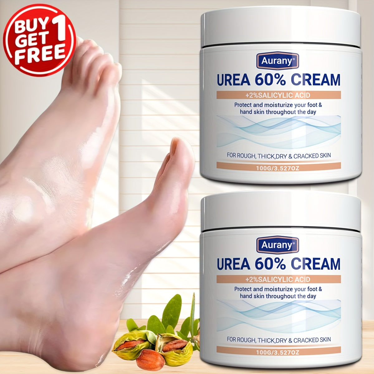 Two pieces of Urea Cream 60% with 2% Salicylic Acid, suitable for dry skin on feet, knees, and elbows. Moisturizes and protects foot skin all day. 100g.