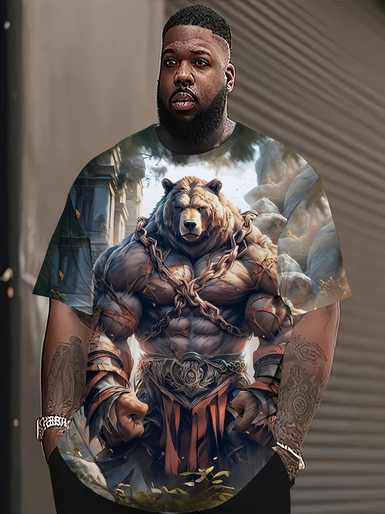 Plus size men's 3D muscle bear graphic t-shirt with bold fantasy design and comfortable polyester blend. Ideal for casual wear, parties, and outdoor adventures. Stylish round neck and