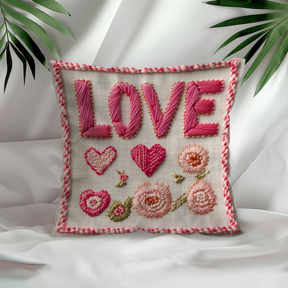 Valentine's Red Heart Embroidered Throw Pillow Cover, 45x45cm, Polyester, Machine Washable, Zipper Closure, Contemporary Style