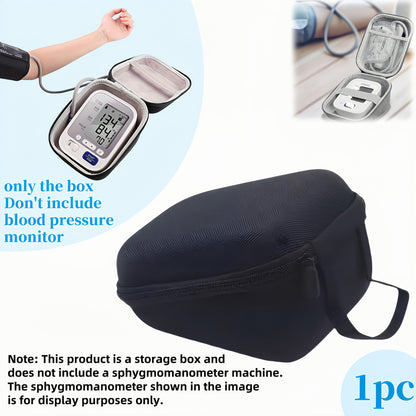 Small carrying case for wireless upper arm blood pressure monitor with cuff storage is portable and convenient for managing health on-the-go.