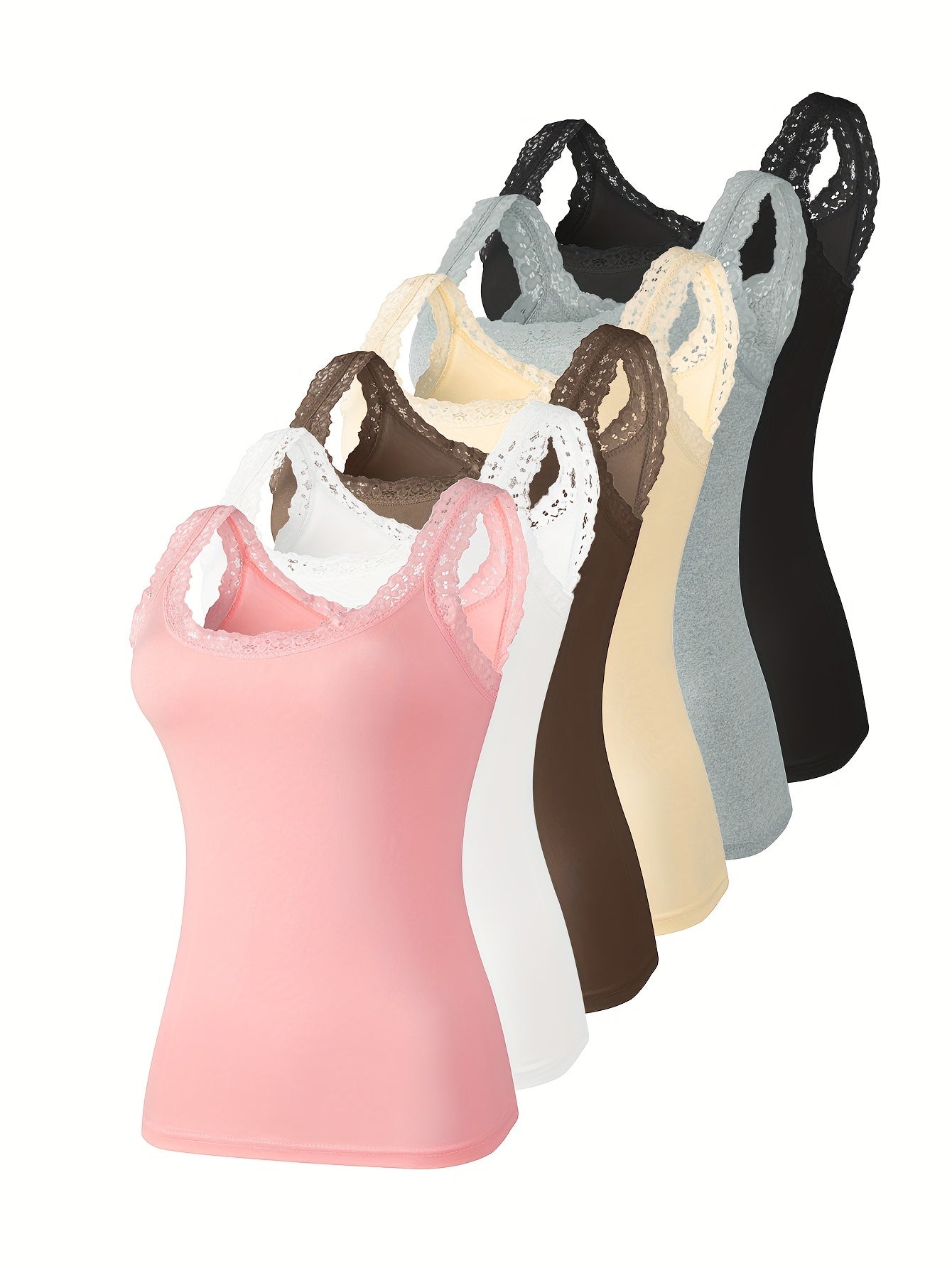 6-Pack of Lace Trim Camisole Tank Tops for Spring/Summer, Versatile Colors