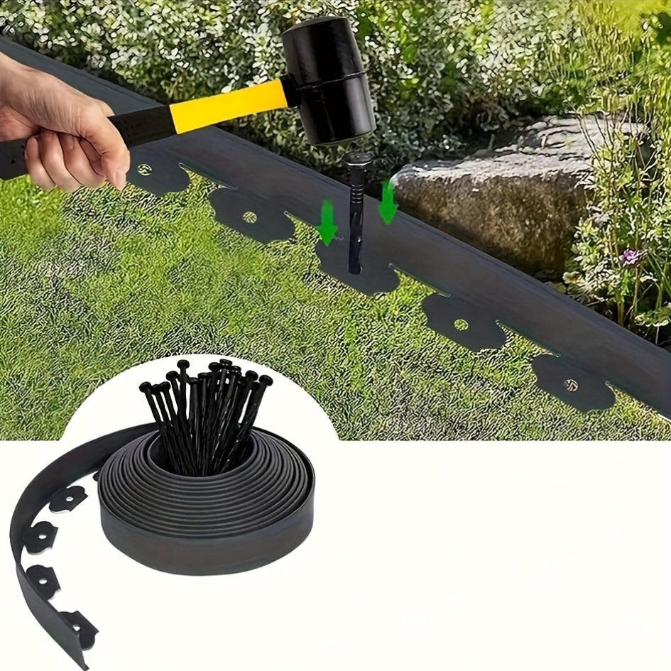 10m black PE garden edging with 30 sturdy anchoring pegs for lawn and garden separation.