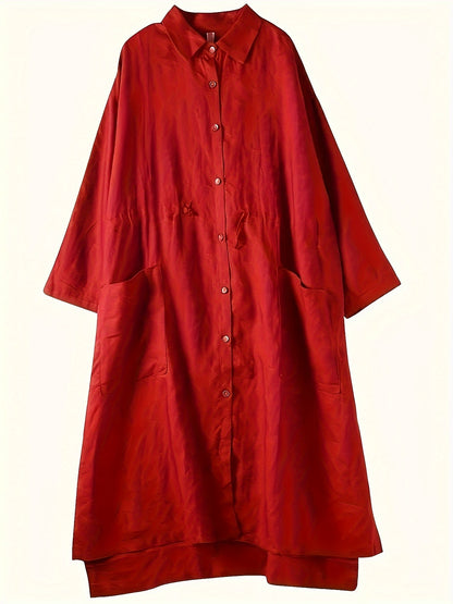 Plus Size Red Linen Shirt Dress for Women with Button Details