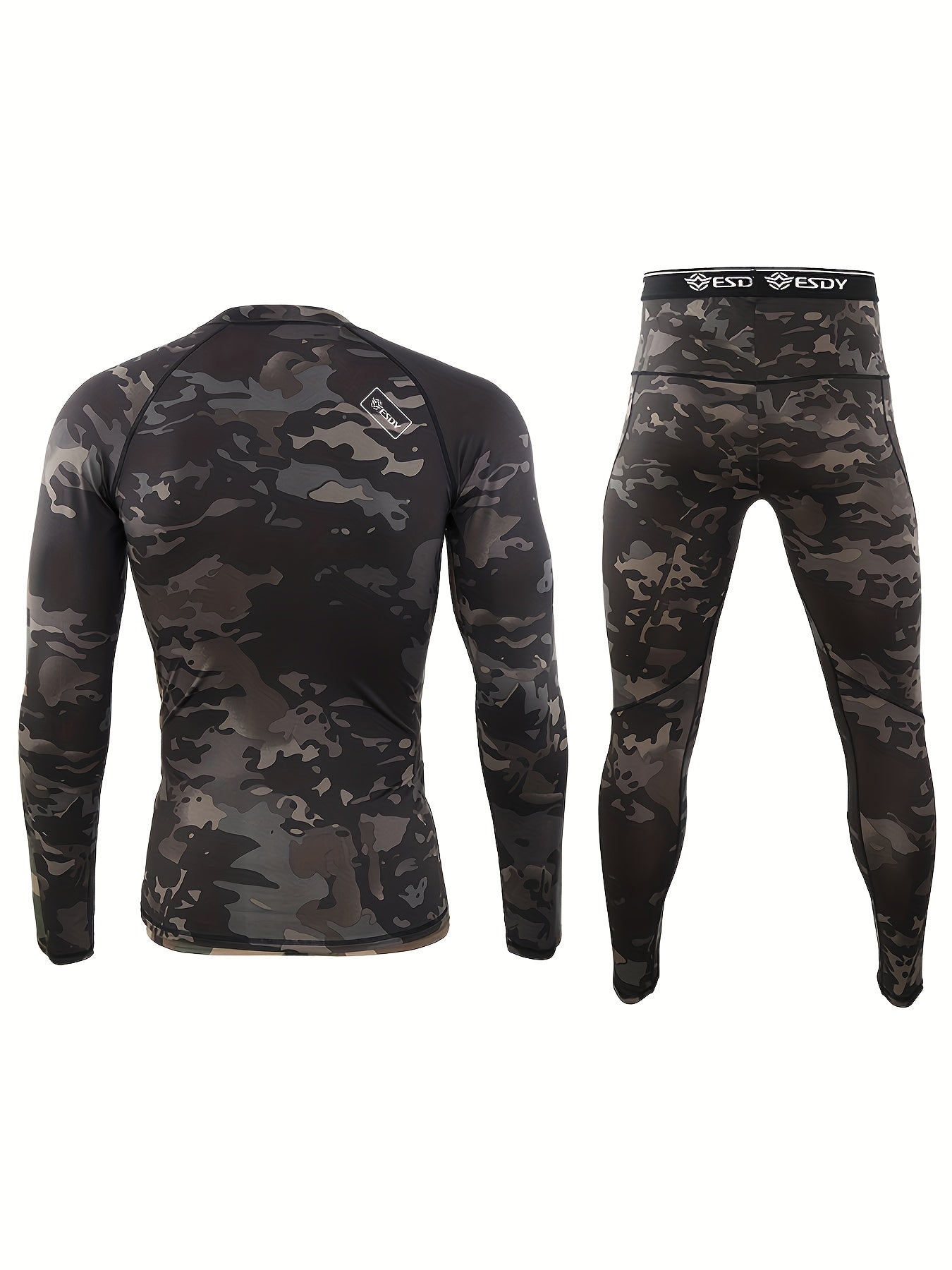 ESDY Men's Camouflage Thermal Underwear - 90% Polyester 10% Spandex, Long Sleeve Crew Neck, Skinny Fit, High Stretch Knit Fabric, Solid Color, for Hiking & Outdoor Activities, Fall/Winter