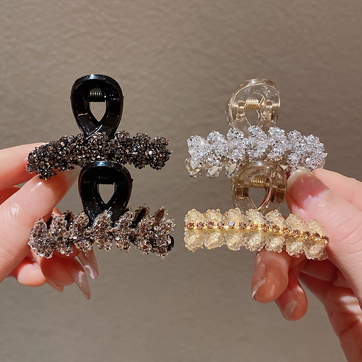 4 elegant rhinestone hair claw clips with small wheat sheer design in black, brown, and clear.