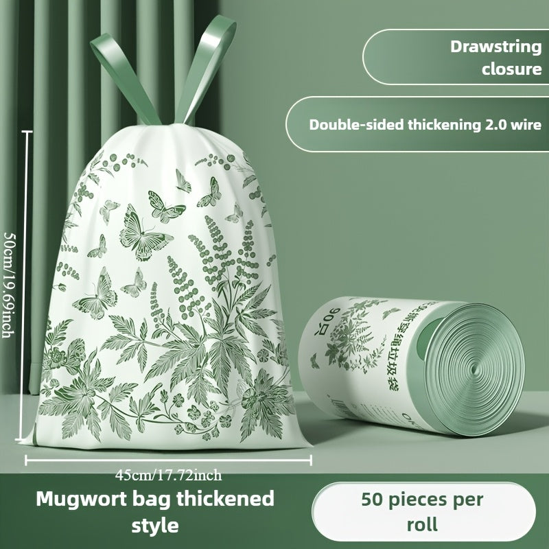 50 pieces of thickened garbage bags with automatic closure, made of high density polyethylene material. Versatile for use in living rooms, bedrooms, bathrooms, toilets, and kitchens.