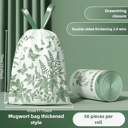 50 pieces of thickened garbage bags with automatic closure, made of high density polyethylene material. Versatile for use in living rooms, bedrooms, bathrooms, toilets, and kitchens.