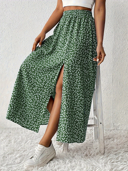 Women's Floral Print Split Skirt - Lightweight polyester, White and Blue Floral Design, Ideal for Spring/Summer/Fall, Casual Vacation Style.