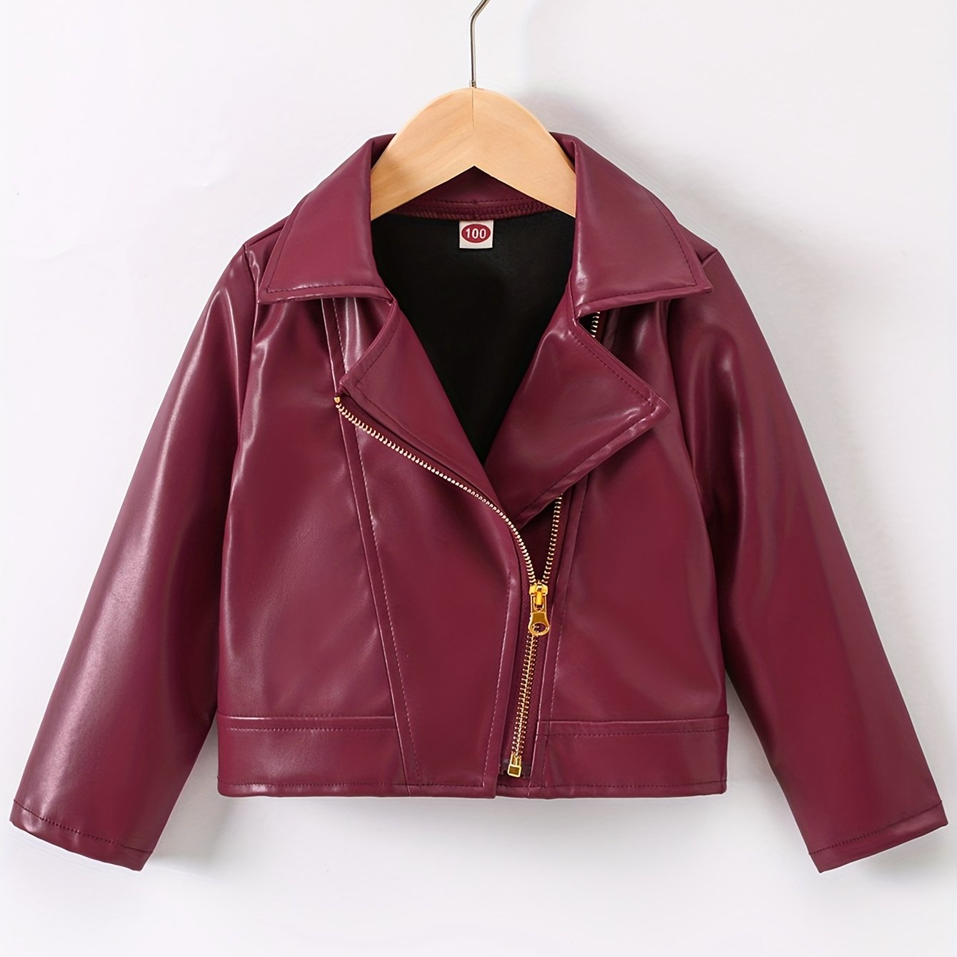 Faux leather jacket with lapel, diagonal zipper, unlined.