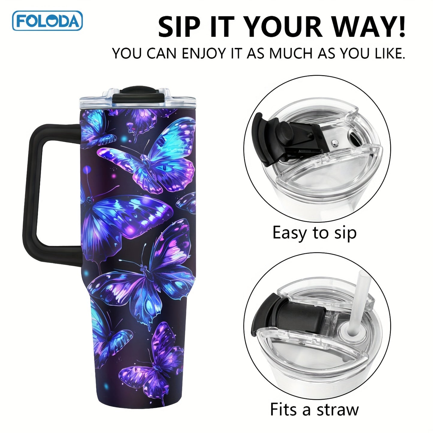 FOLODA 40oz stainless steel tumbler with butterfly design, straw included. Ideal gift for sisters for various occasions. Suitable for running and outdoor activities.