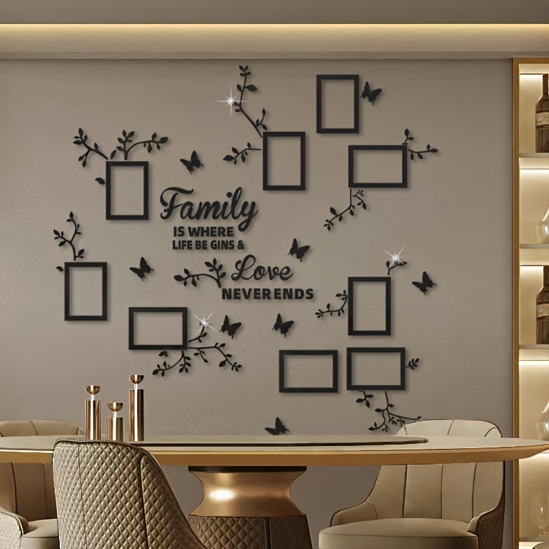 A puzzle sticker set with flower branches, butterflies, and 9 photo frames for DIY wall decoration in various spaces.