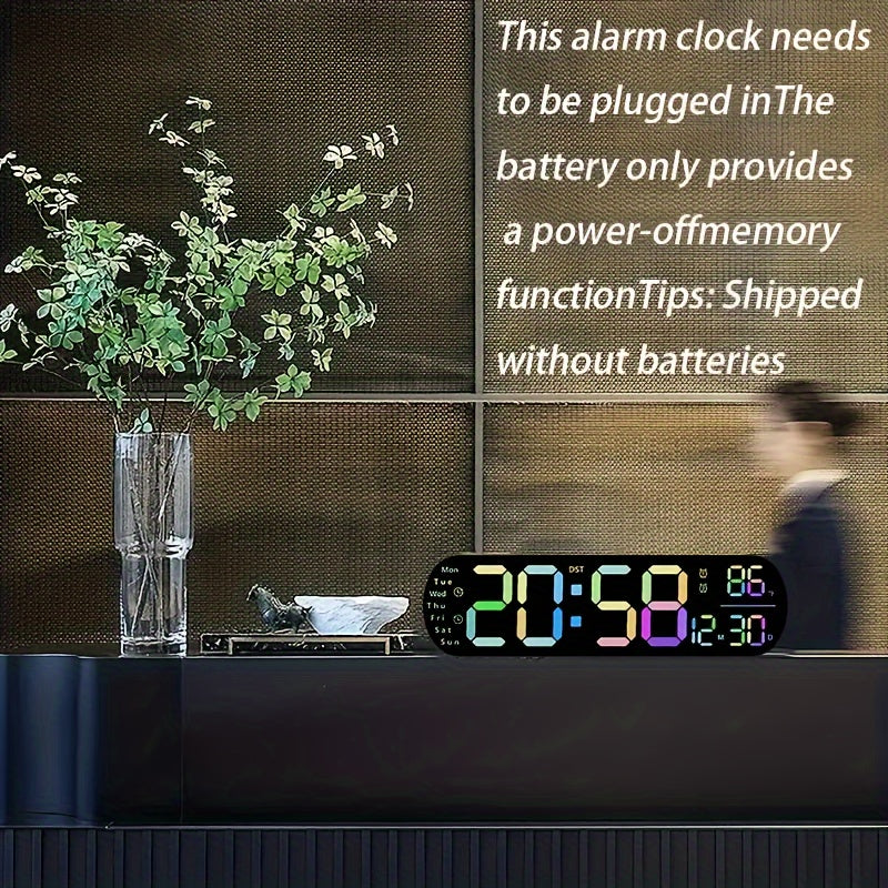 Multifunctional LED wall clock with remote control. Features dual alarm, date and week display, auto-dimmable brightness, 12/24H format, and USB powered. Includes night light and ideal for