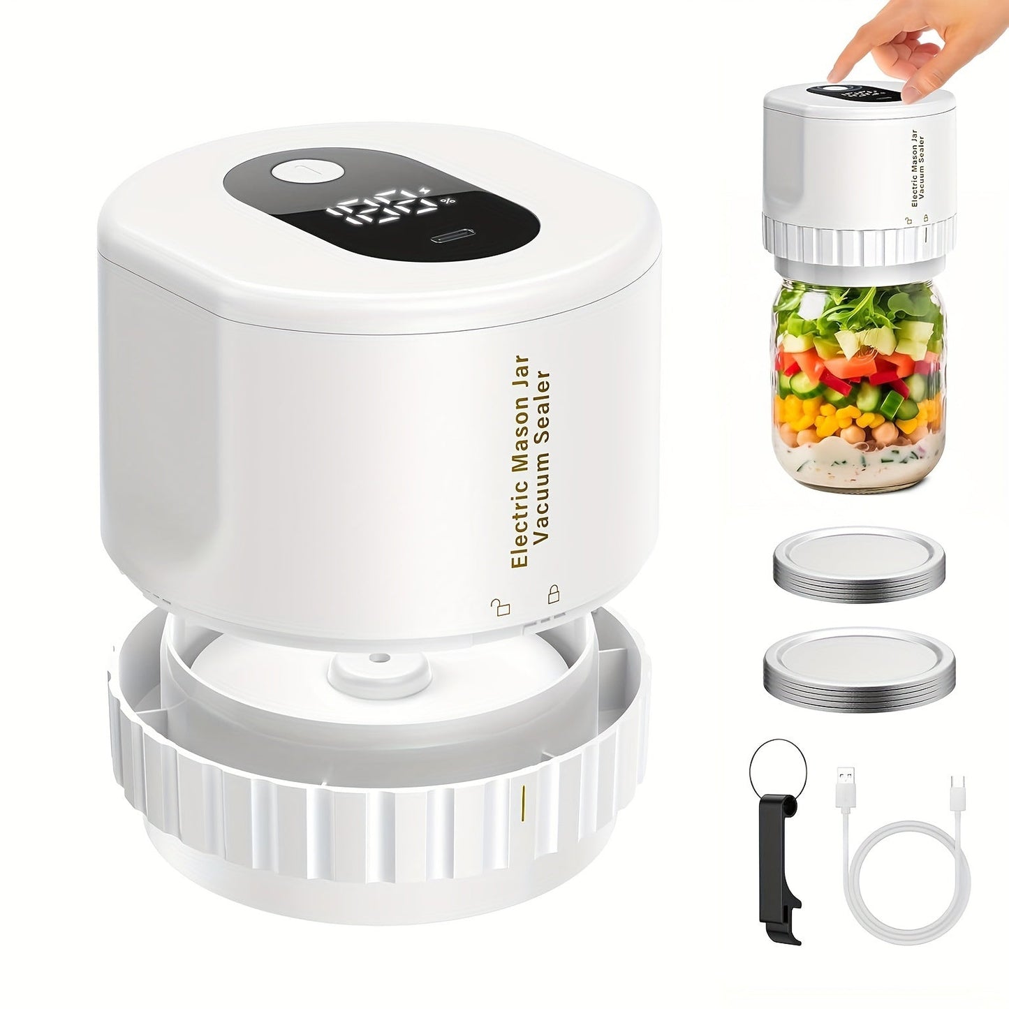 The Cordless USB Rechargeable Electric Mason Jar Vacuum Sealer Set includes a plastic vacuum seal machine with 10 lids. It features a built-in lithium battery with 1200mAh capacity, 5W semi-automatic operation, and is ideal for food preservation and