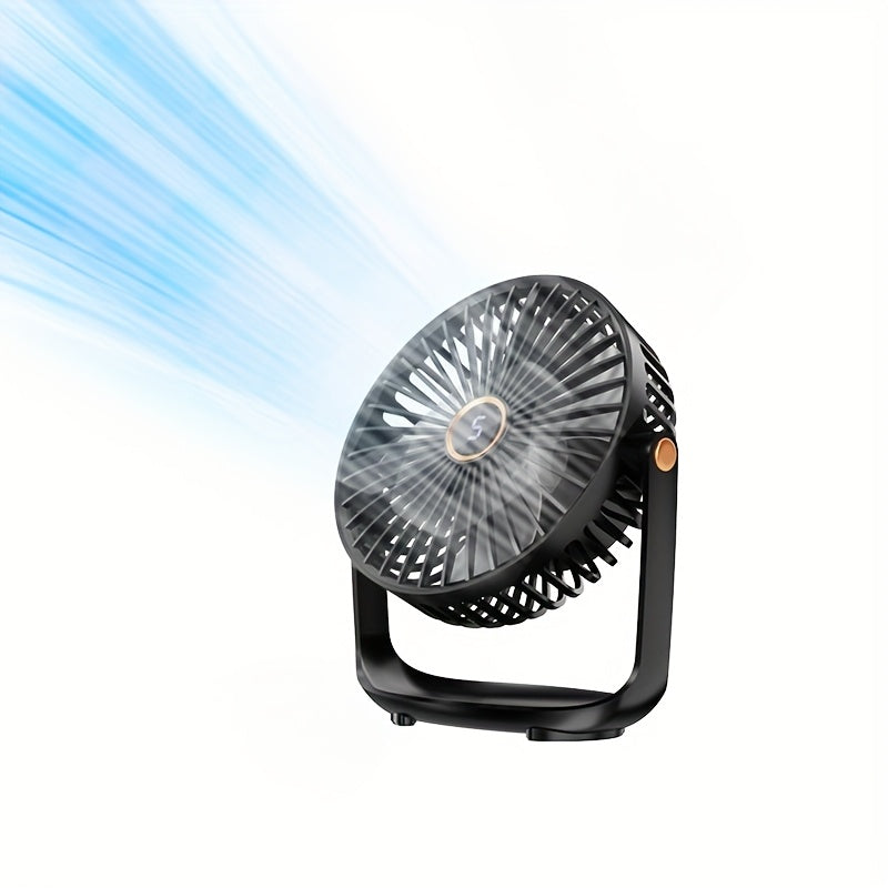 The Jkuoo Portable Desktop Fan is equipped with a 360° rotation feature for maximum coverage. Its quiet brushless motor ensures peaceful operation, while the 5-speed adjustable settings allow for personalized comfort. The fan also includes a convenient