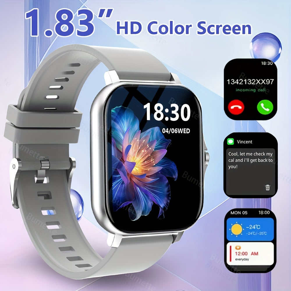 Wireless smartwatch with sports modes, call reminders, message notifications, app alerts, customizable wallpaper, and compatibility with iPhone and Android.