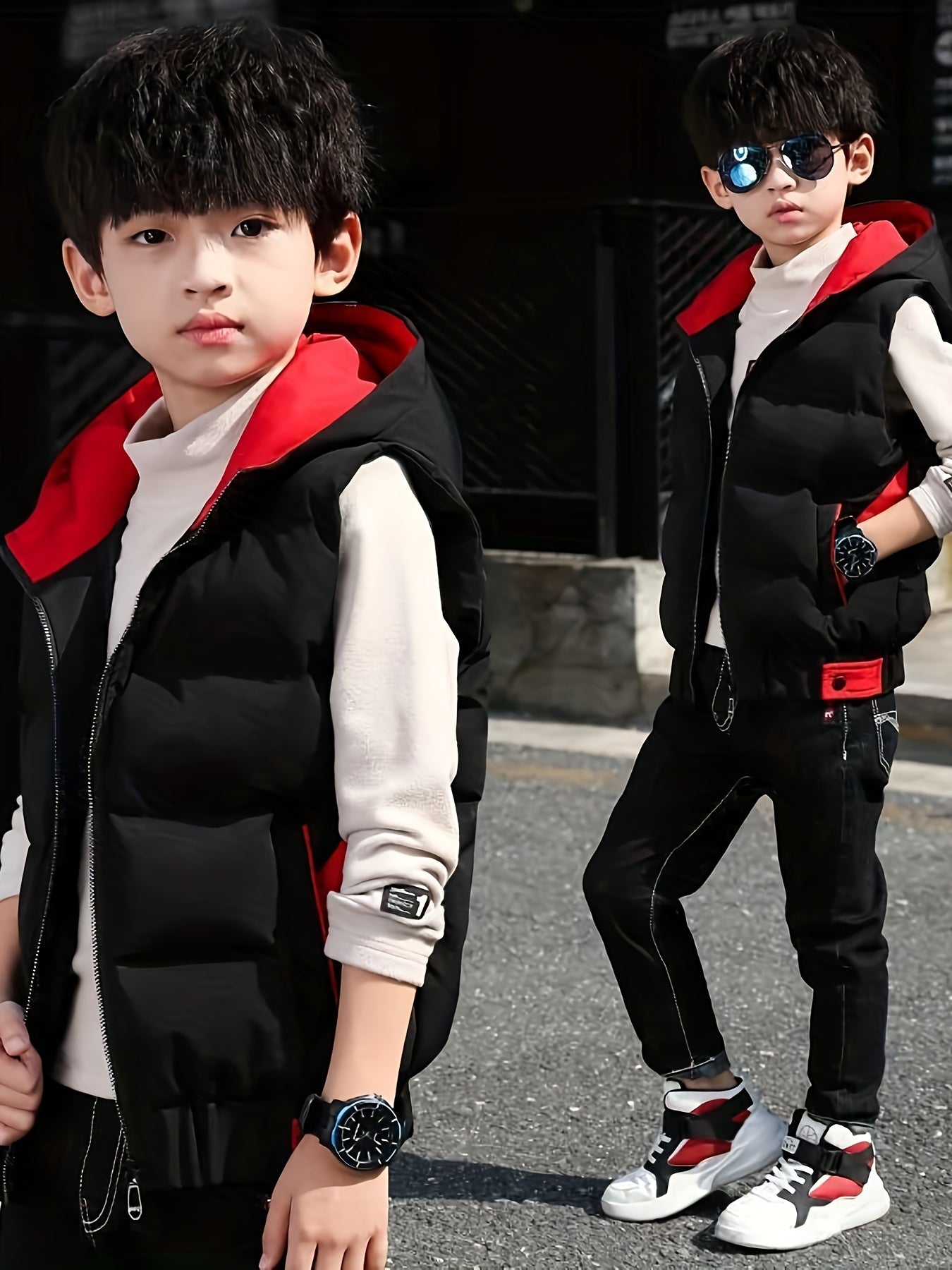 Boys' warm zip-up hooded vest with pockets, cozy color block top for fall and winter.