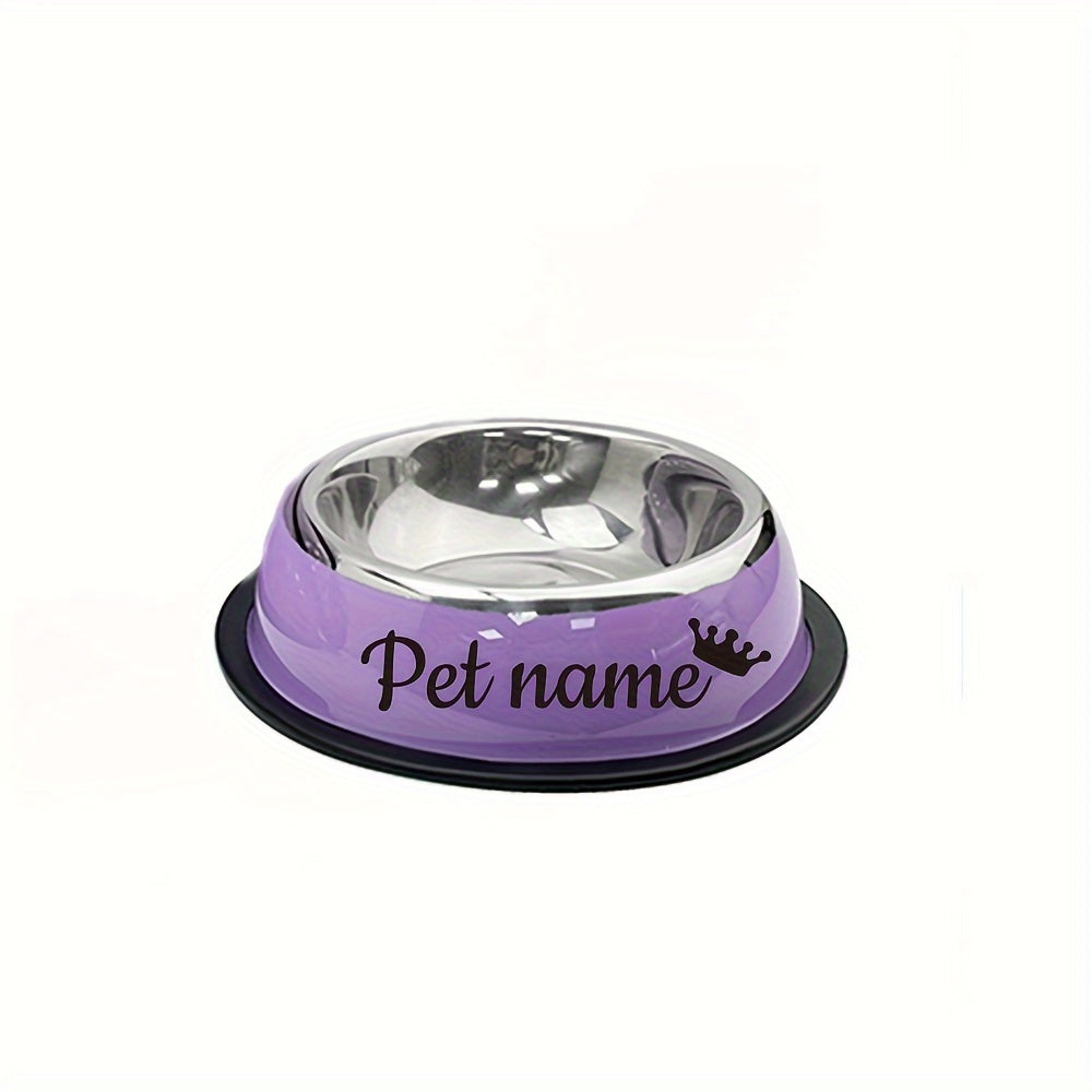 Custom stainless steel dog bowl with non-slip base for small, medium, and large dogs. Personalize with pet's name for food and water.