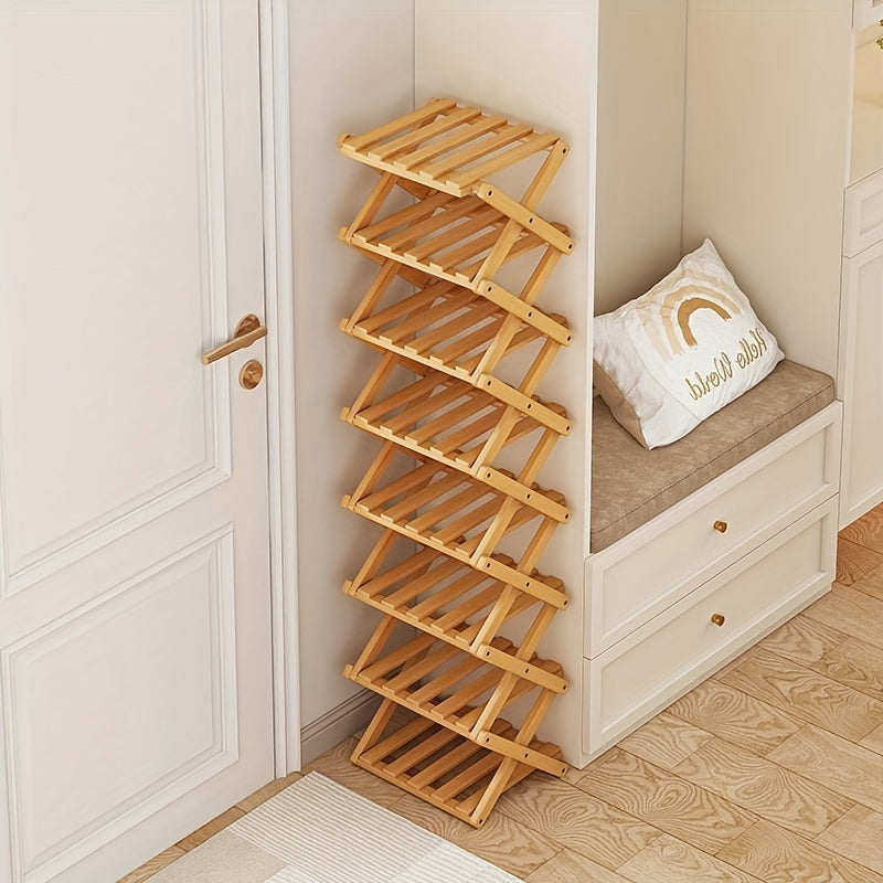 This foldable shoe rack, constructed from bamboo and requiring no installation, offers a customizable design with 5 to 9 layers to choose from. Available in two colors, this space-saving option is perfect for the limited area near the family's entrance.