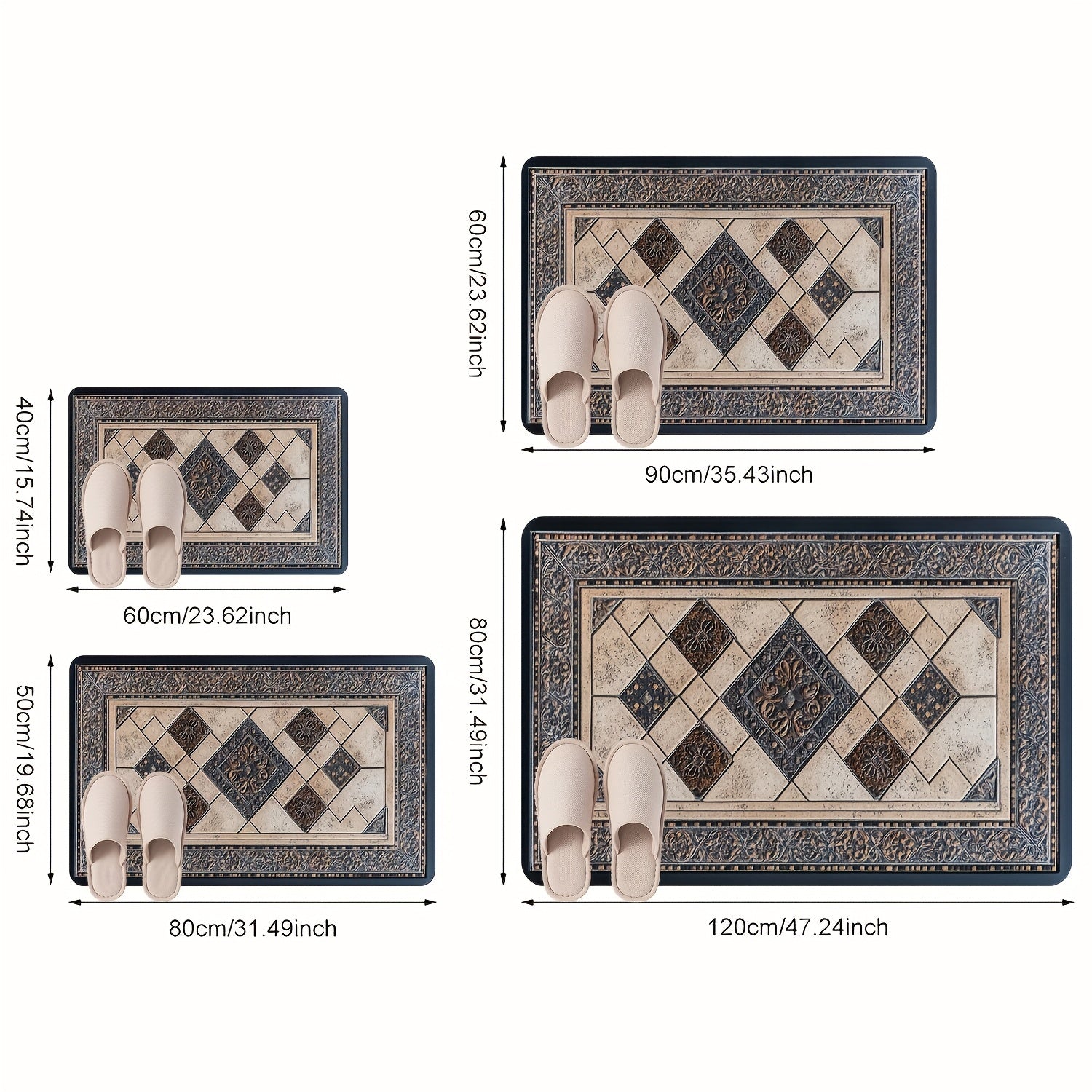 Rectangular door mat with decorative ceramic tile pattern, suitable for indoor and outdoor use. Made of machine washable polyester, ideal for living room, bedroom, kitchen, and office.