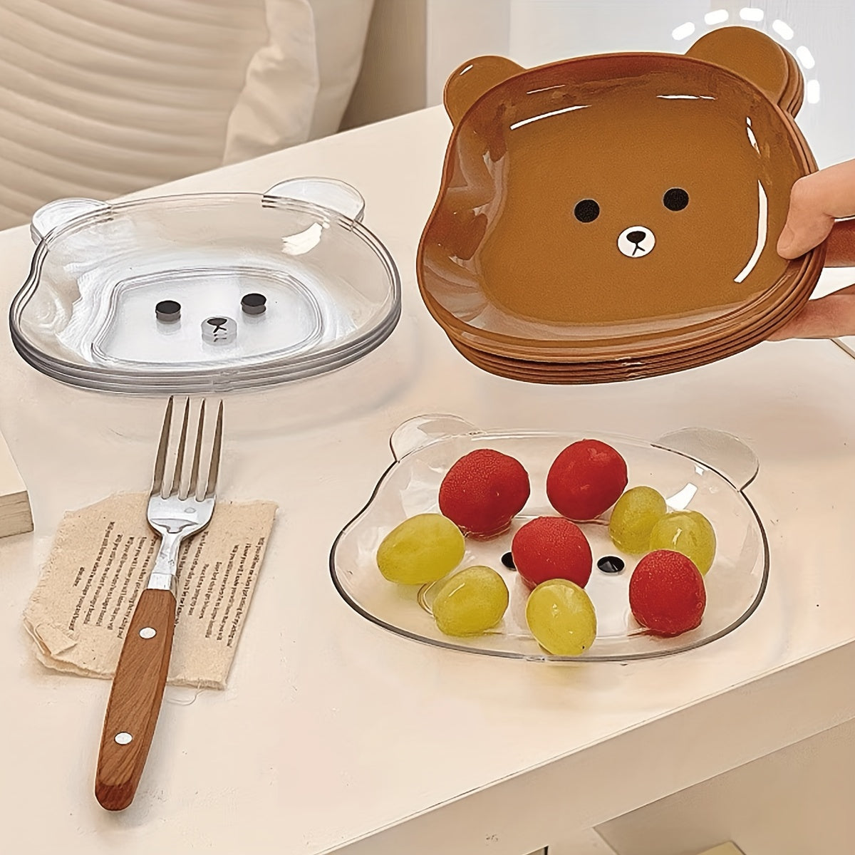 2 adorable bear cartoon PET plates for snacks and meals - durable kitchen essential.