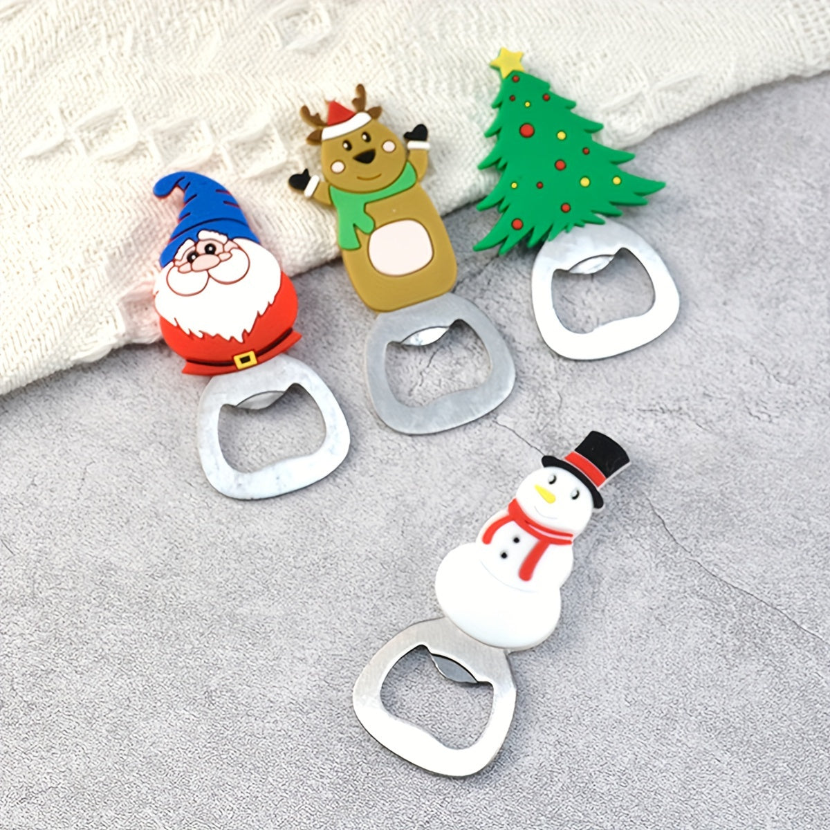 Festive stainless steel Christmas bottle openers in Santa, Reindeer, Tree, and Eagle designs for kitchen and party supplies.