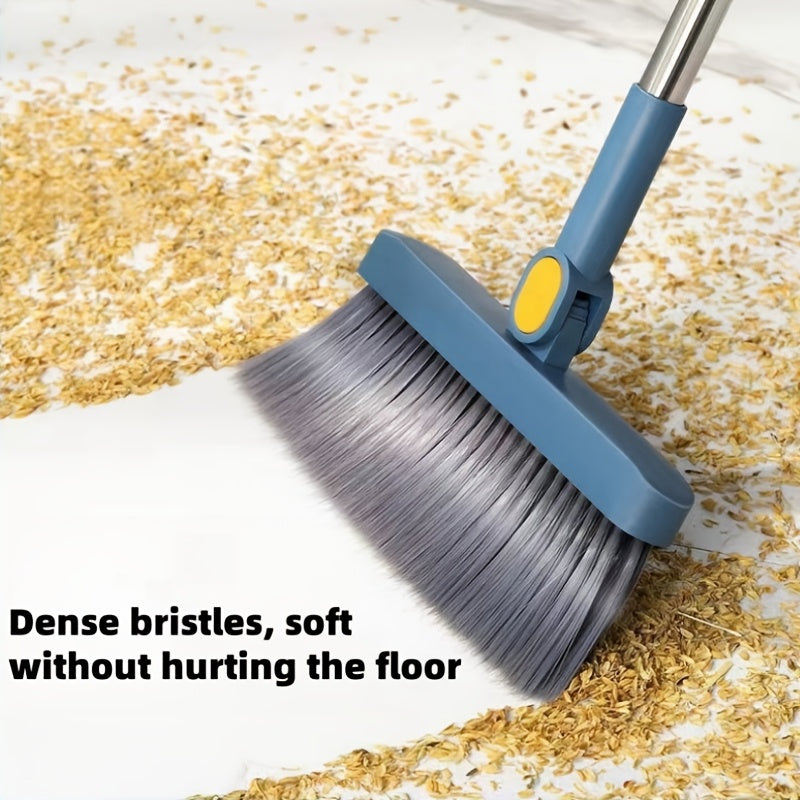 A versatile broom set consisting of three pieces: a broom, dustpan, and hanging water board. The broom features a 360-degree bendable brush head with windproof design and dense bristles, making it ideal for cleaning furniture. Perfect for use in home