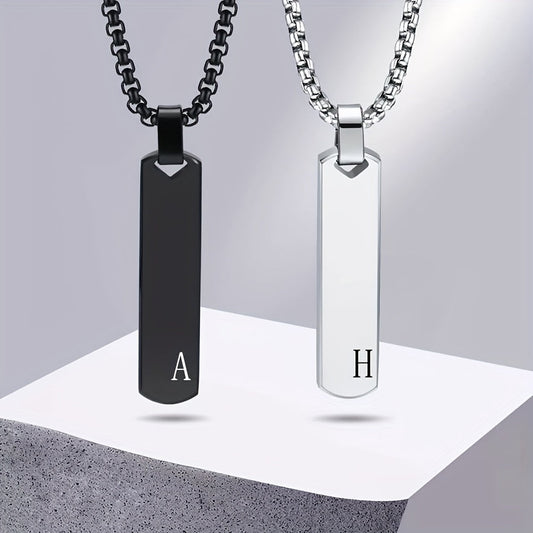 Letter necklace pendant made of stainless steel with laser engraving featuring all 26 letters, the pendant has a high polished three-dimensional rectangular design, and is a trendy fashion accessory for men crafted from titanium steel.