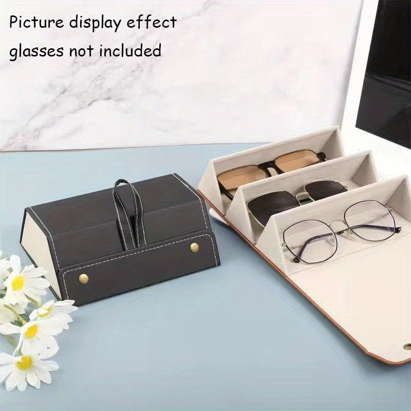 A compact storage solution for your glasses, this Portable Glasses Storage Box features 3/5 slots for organizing and displaying your eyewear. Perfect for travel, the folding design makes it easy to take along your sunglasses, while the PU leather